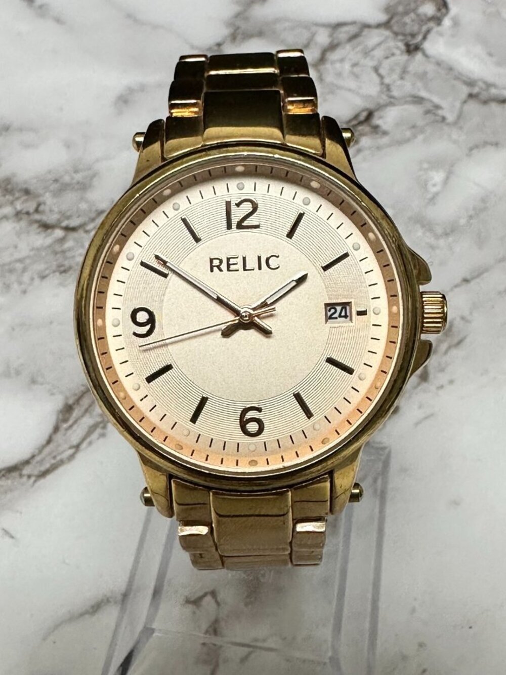 3/$30 Relic Watch Women Rose Gold Tone Date Window 35MM Round 7.25 Inch